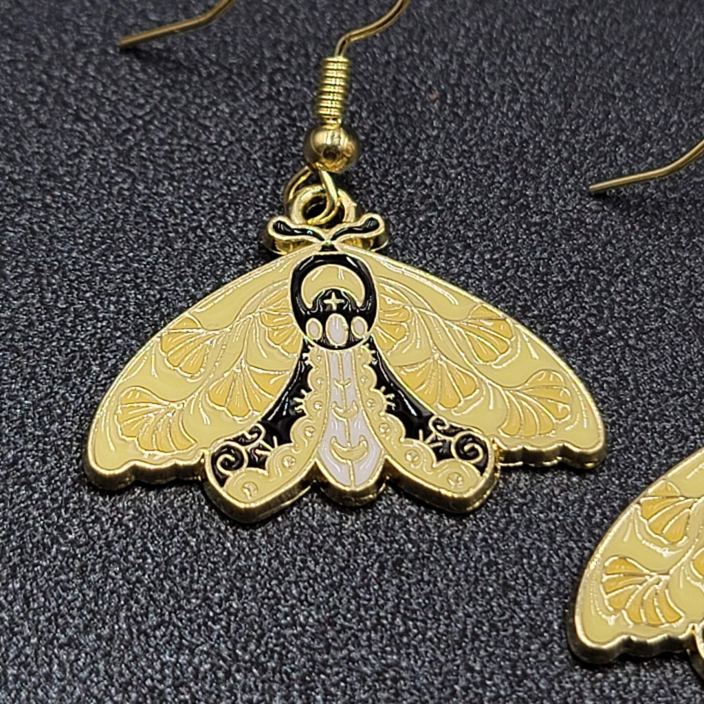Moth Pierced Earrings Gold tone Yellow Black Enamel Dangle 3/4"