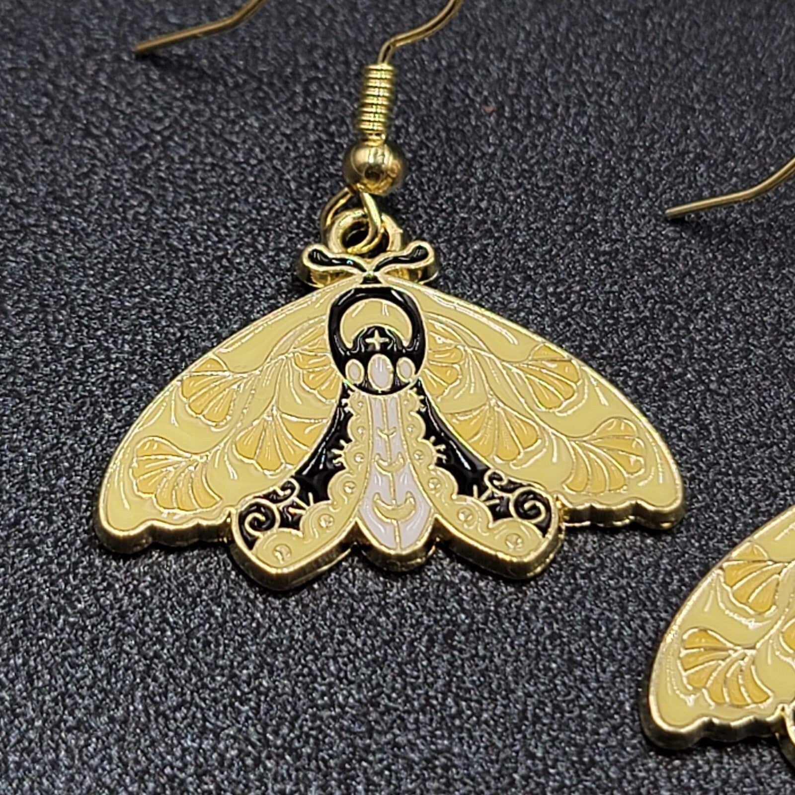 Moth Pierced Earrings Gold tone Yellow Black Enamel Dangle 3/4"