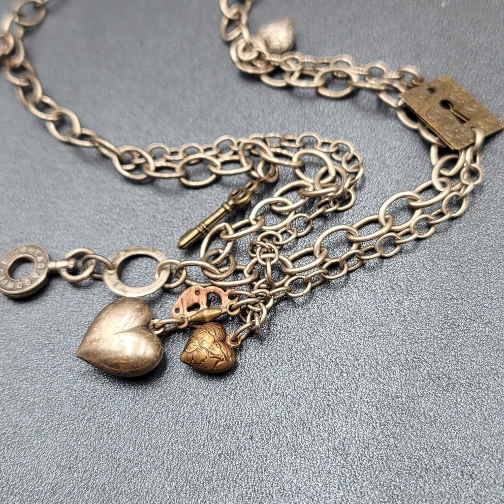 Skeleton Key Heart Charm Necklace Silver tone Statement 22"