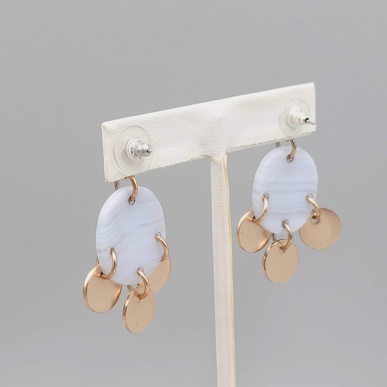 Modern Dangle Earrings Gold Tone Discs Blue Lace Agate Look Boho Chic Pierced 2"