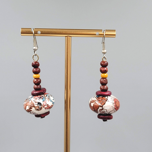 Beaded Pierced Earrings Wood Flower Bead Dangle 1 5/8"