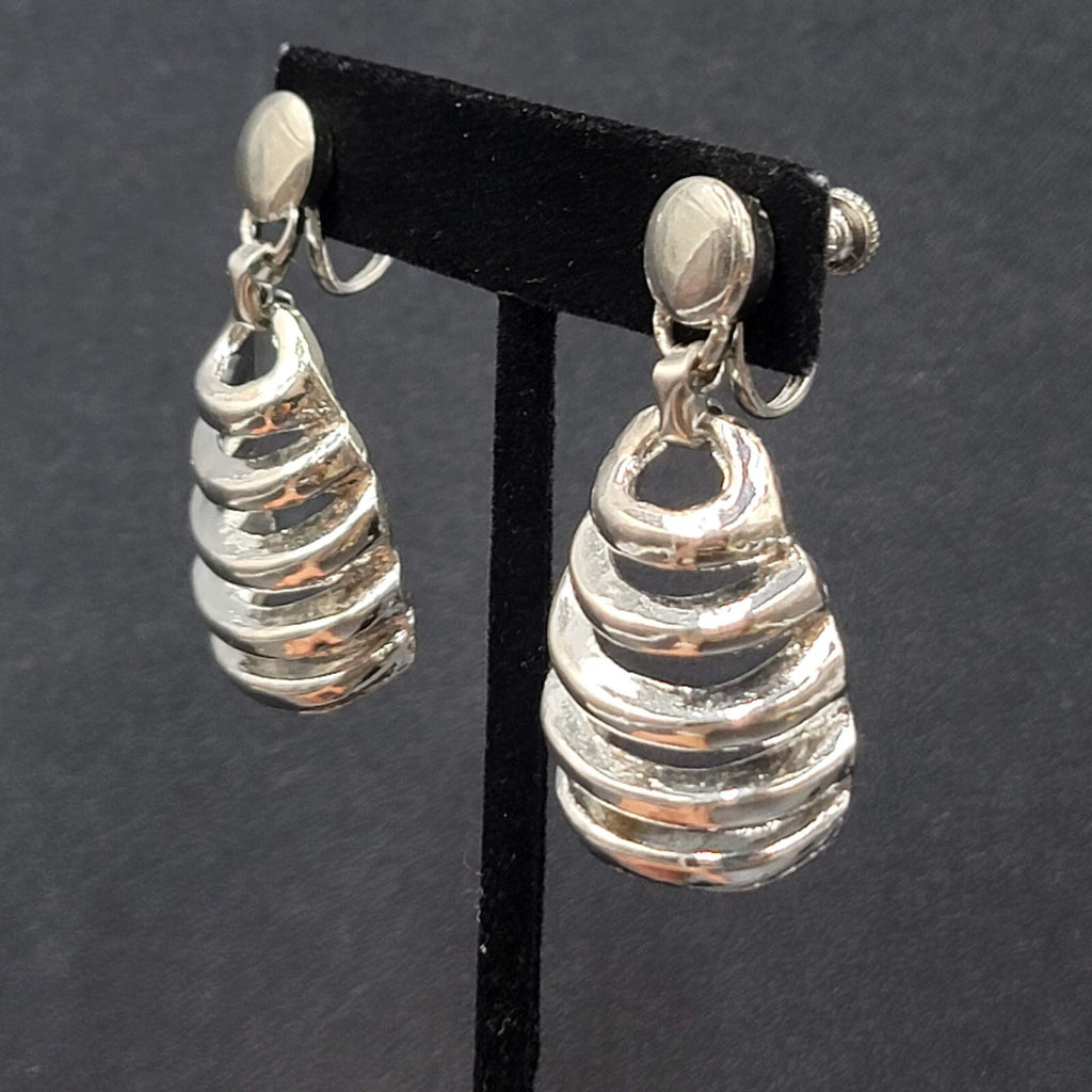 Vintage Clip on Earrings Silver tone Dangle Statement 1 7/8"