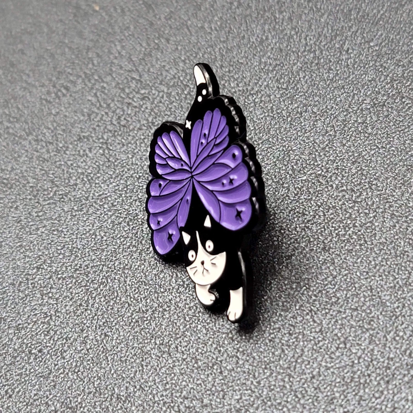 Black Cat Purple Butterfly Wings Enamel Lapel Hat Pin Sushi Roll 1 1/8"