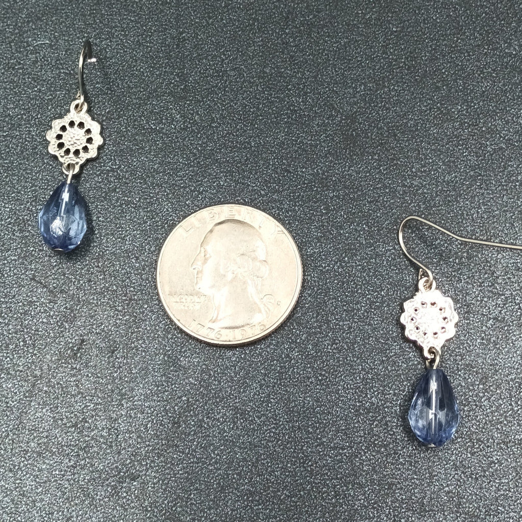 Pierced Earrings Silver tone Open Work Blue Faceted Glass Bead Dangle 1 1/4"