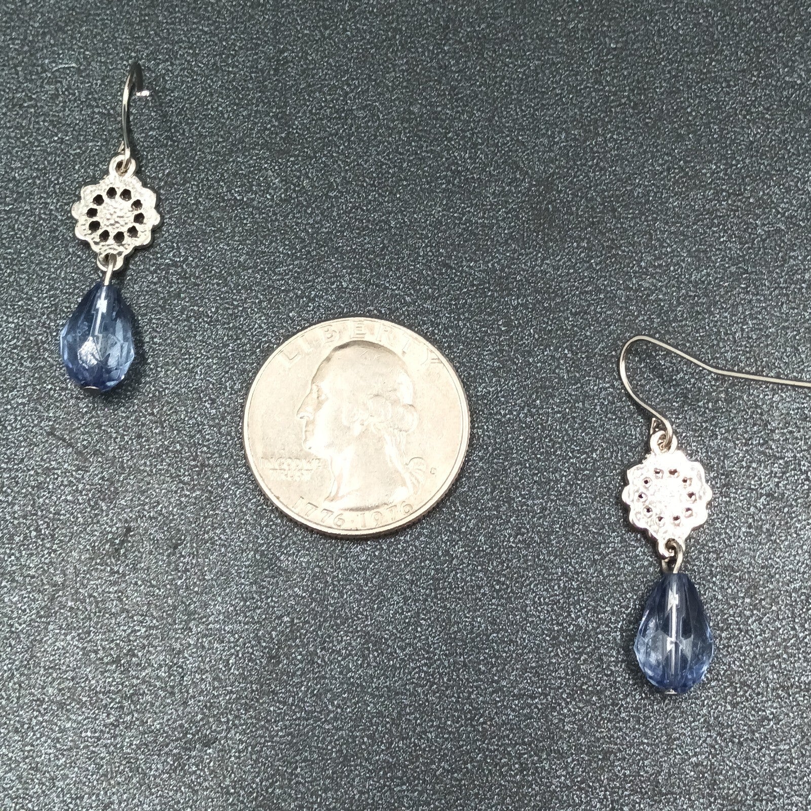 Pierced Earrings Silver tone Open Work Blue Faceted Glass Bead Dangle 1 1/4"