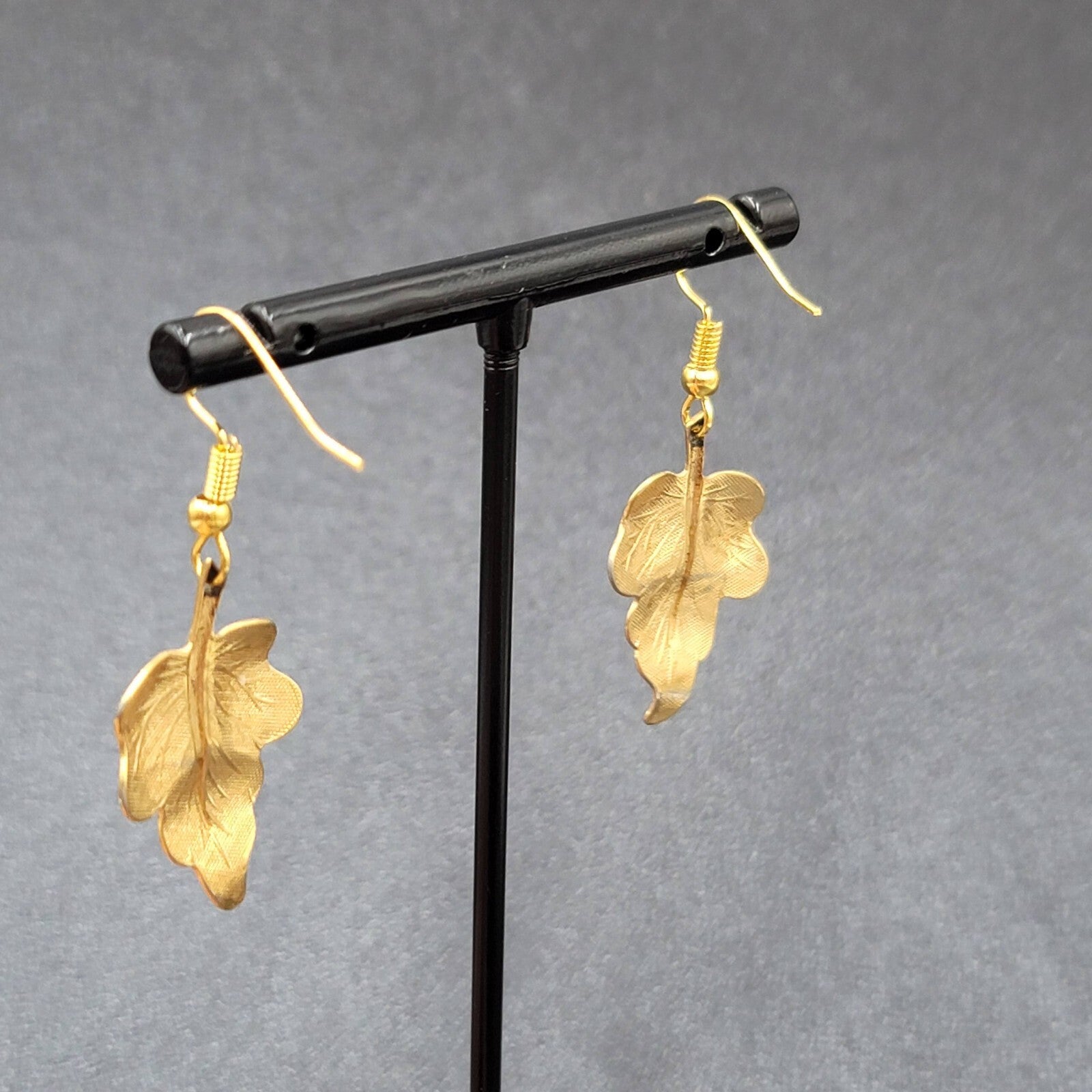 Pierced Earrings Brushed Gold Plated Dangle Detailed Leaves 1 1/8"