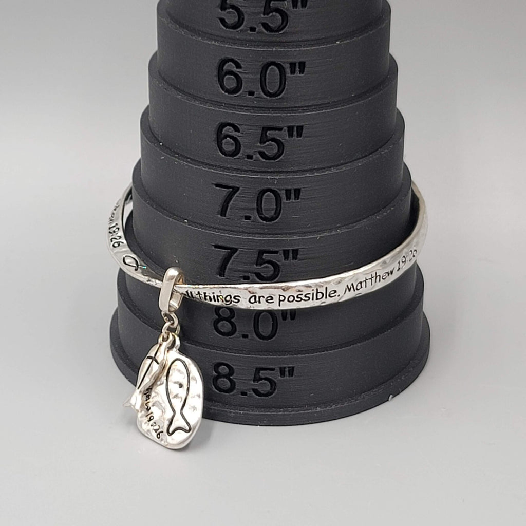 Matthew 19 Scripture Bangle Charm Bracelet Silver tone Fish Charm