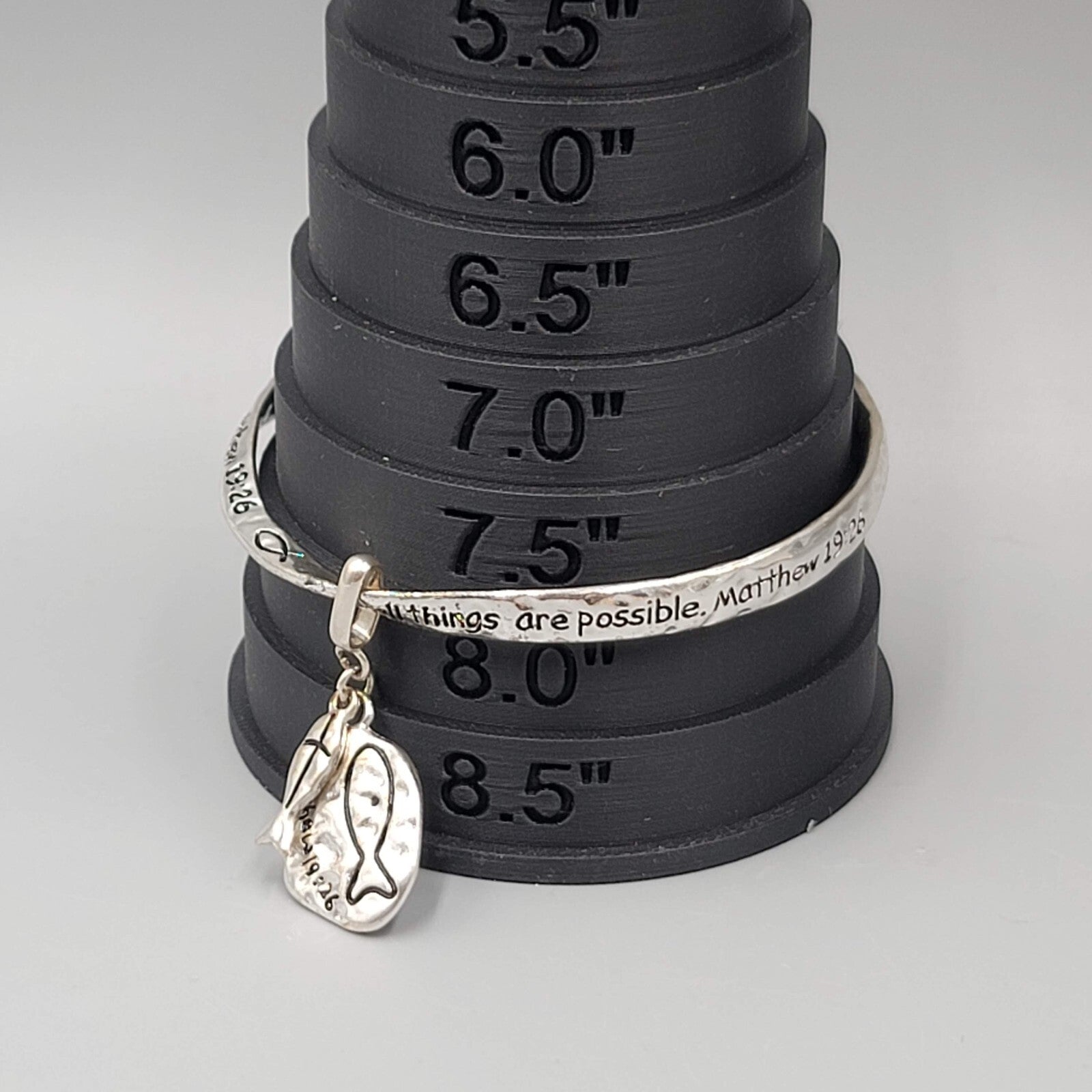 Matthew 19 Scripture Bangle Charm Bracelet Silver tone Fish Charm
