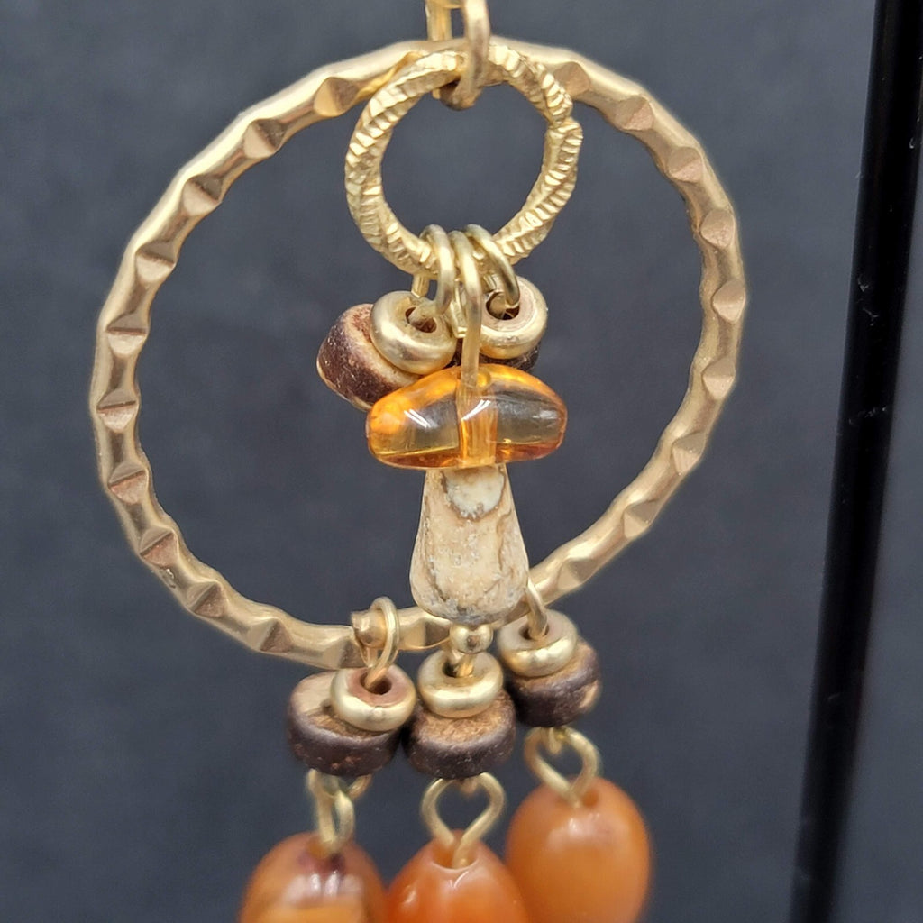 Pierced Earrings Gold tone Natural Colored Acrylic Beads Coconut Shell Bead 2.5"