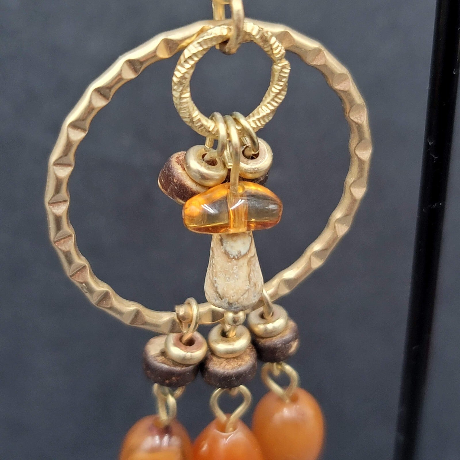 Pierced Earrings Gold tone Natural Colored Acrylic Beads Coconut Shell Bead 2.5"