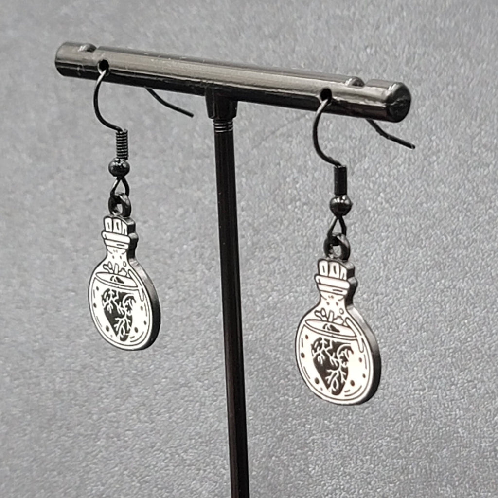 Poison Heart in Jar Pierced Earrings Black White Enamel Dangle 7/8" 