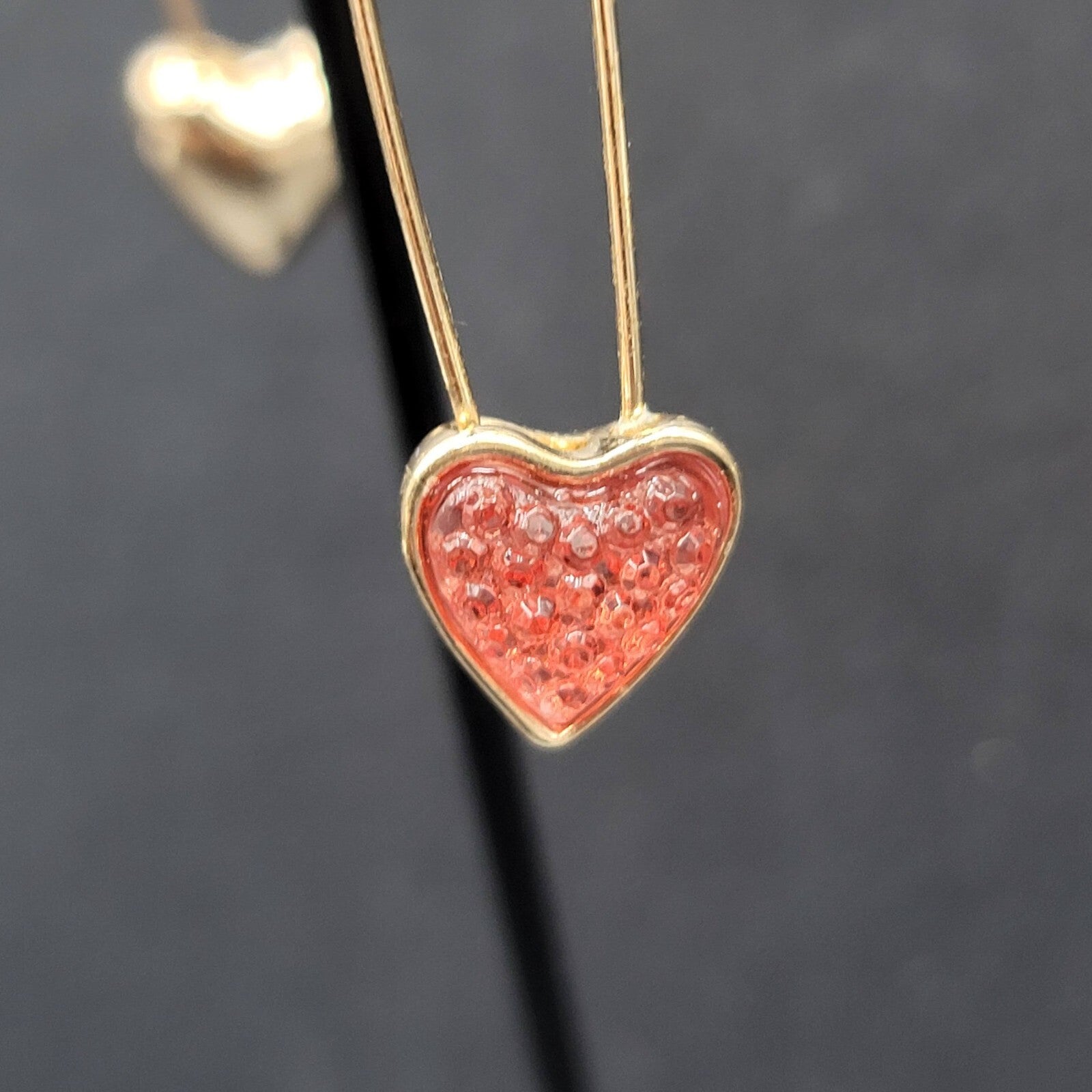 Pierced Earrings Gold Plated Pink Heart Dangle Loops 1 3/8"