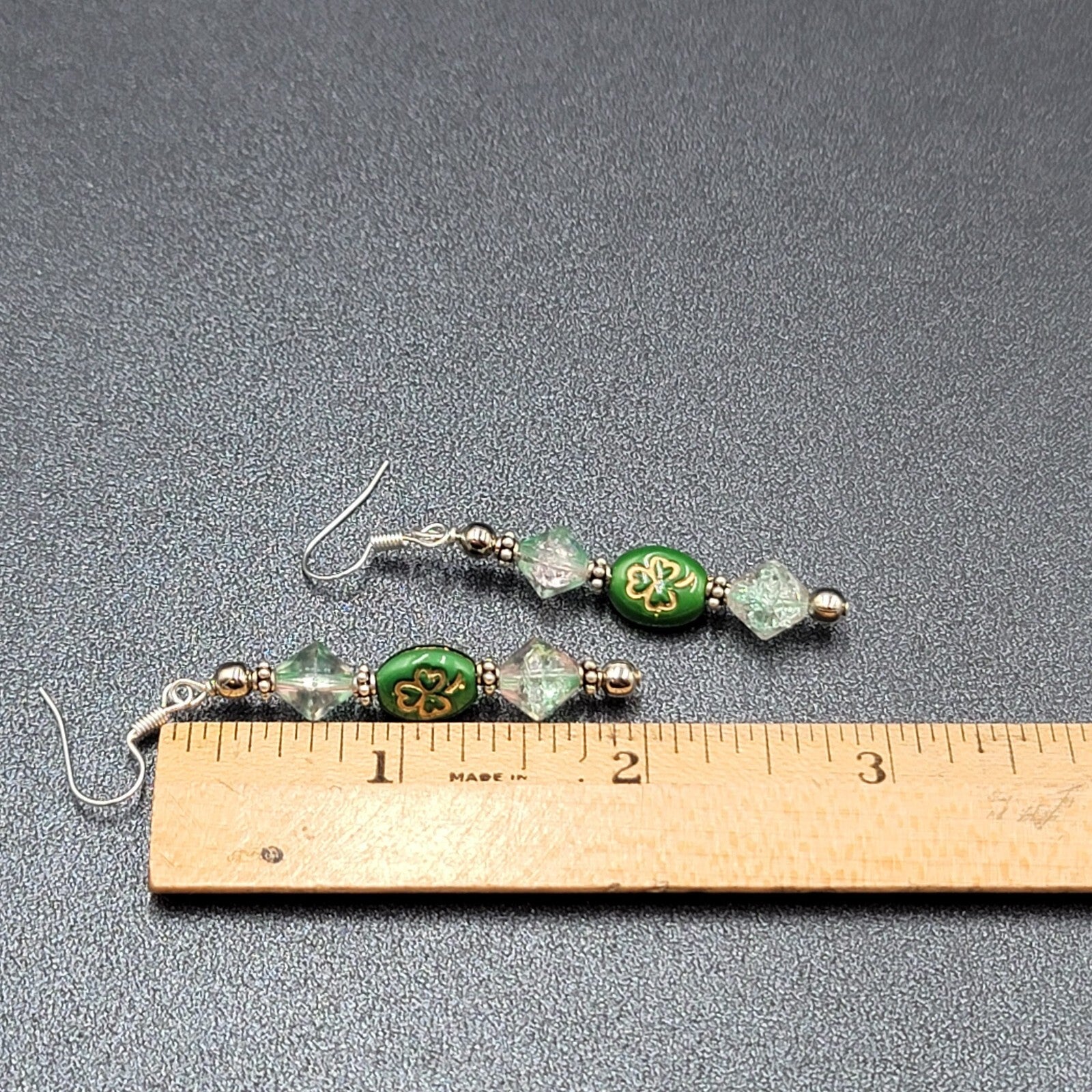 Beaded Pierced Earrings Dangle Silver tone Hook Green Bead Shamrock