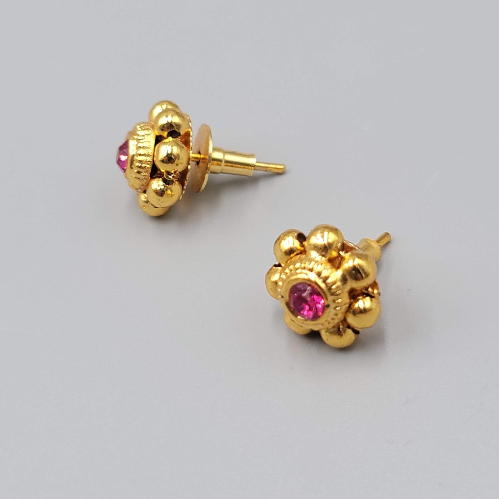 Bollywood Pierced Earrings Gold Plated Hot Pink Stone Studs 1/2"