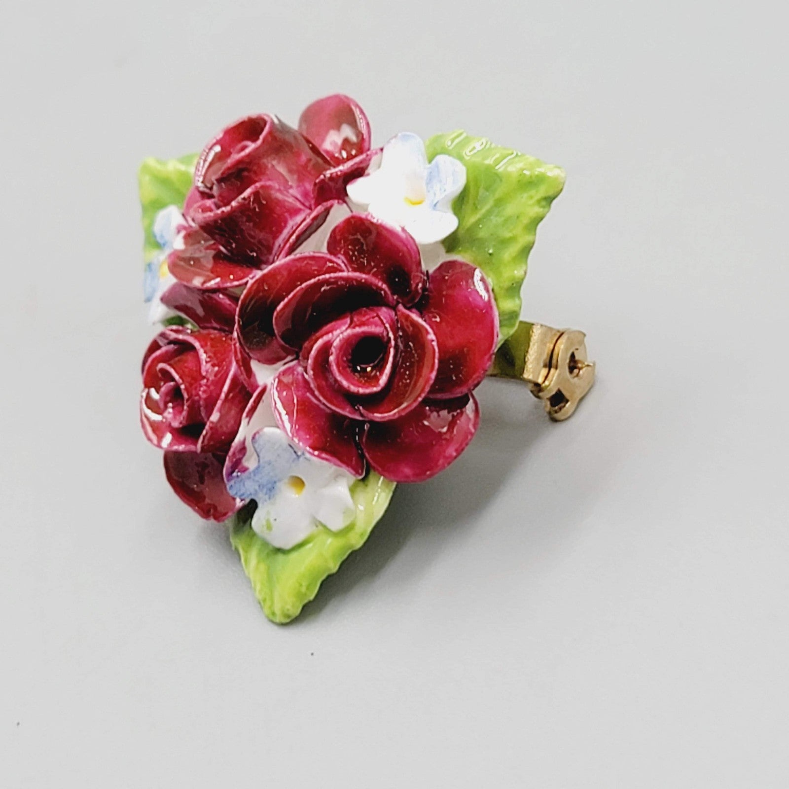 Vintage Coalport Red Roses Brooch England Bone China Flower Pin 1.25"