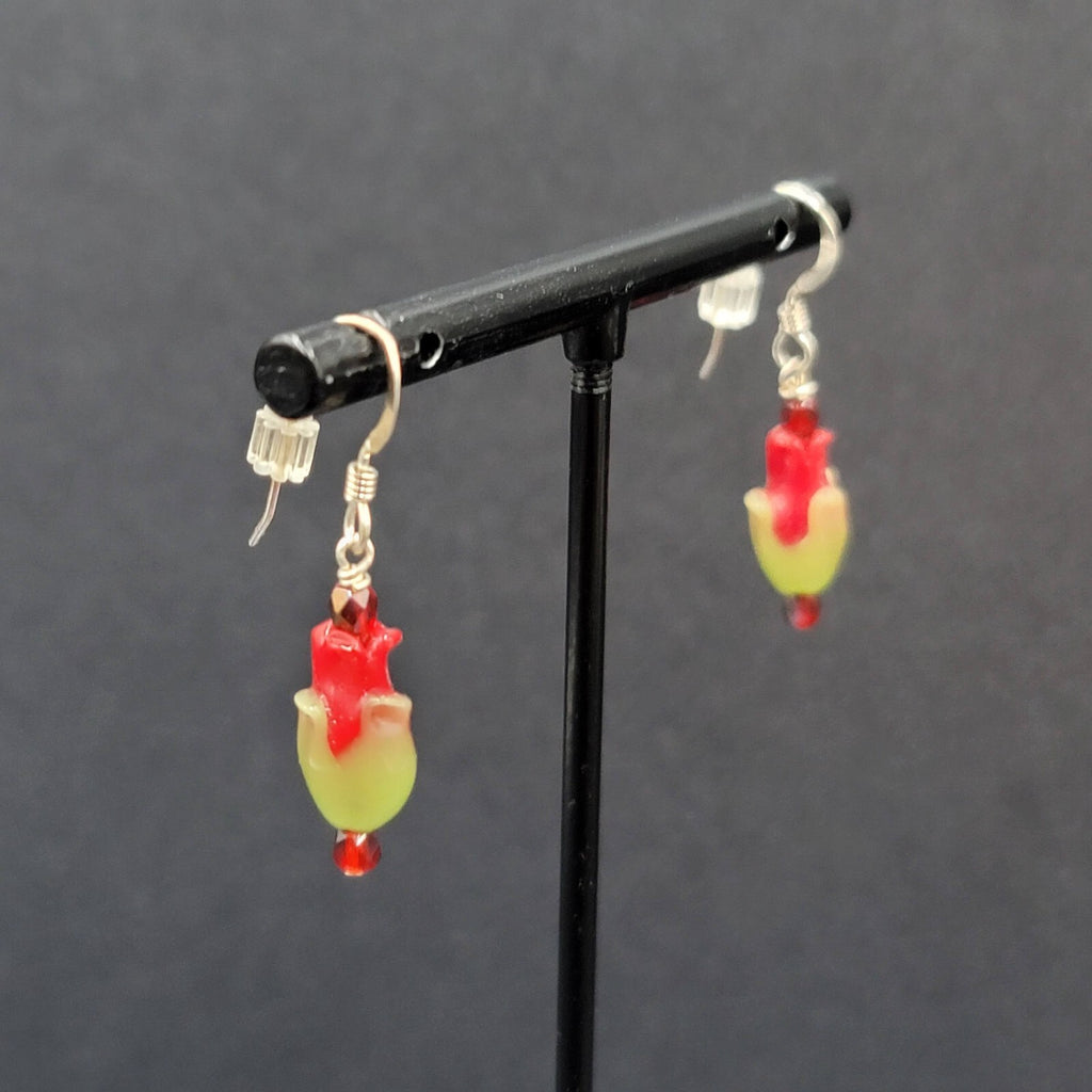 Sterling Silver Pierced Earrings Red Green Glass Tulip Flower Dangle 3/4" 925