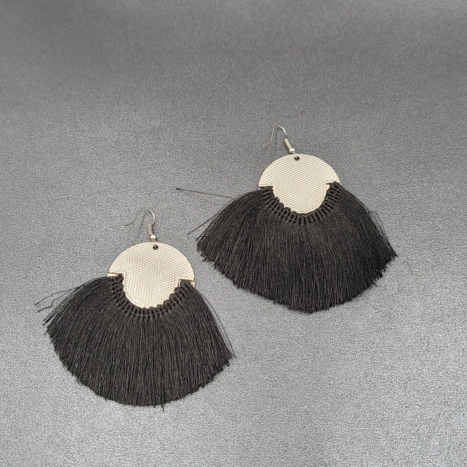 Pierced Earrings Silver tone Black Tassel Statement Dangle 2.5"
