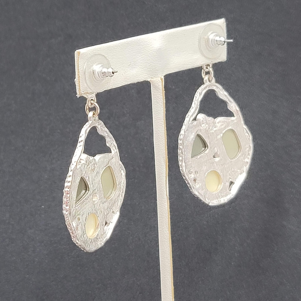 Pierced Earrings Silver tone Green Acrylic Rhinestone Statement Dangle 2.25"