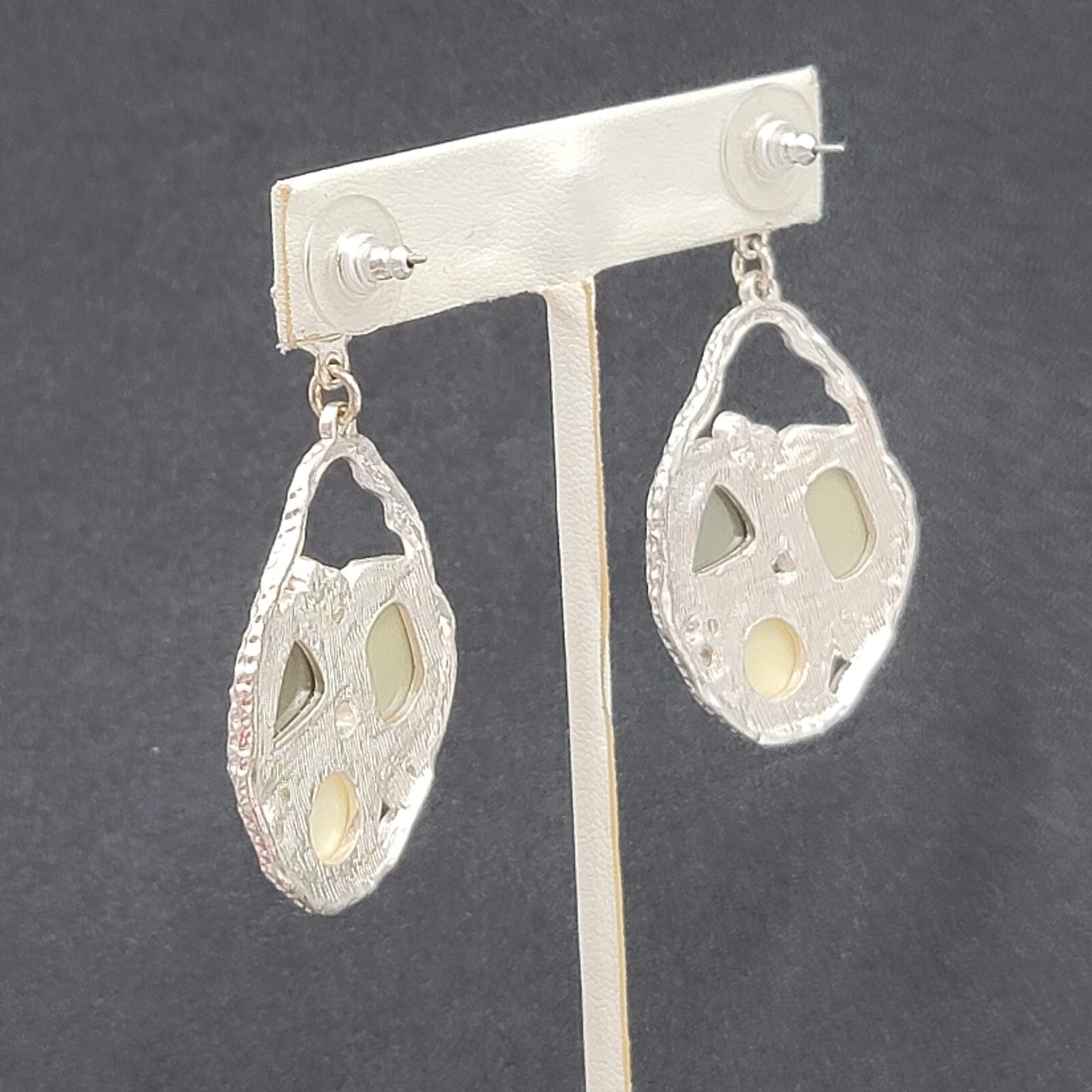 Pierced Earrings Silver tone Green Acrylic Rhinestone Statement Dangle 2.25"