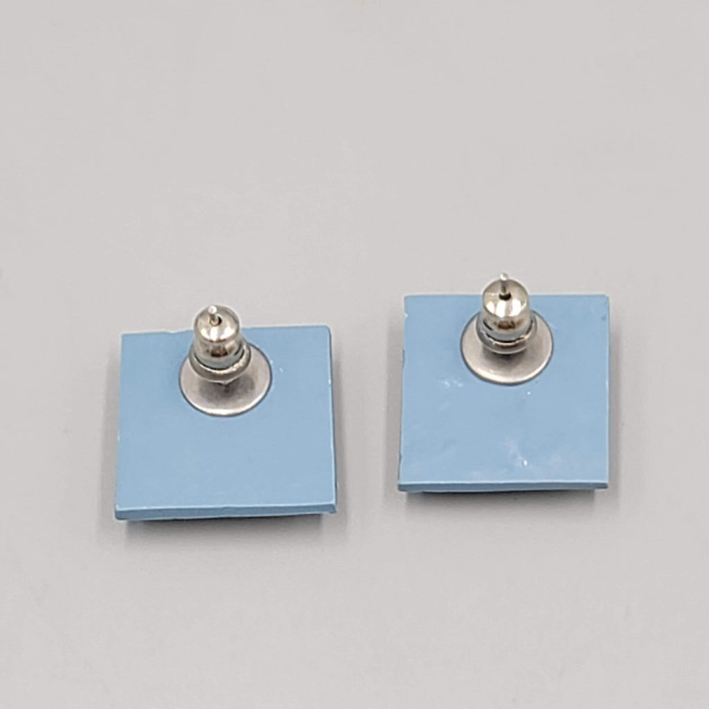 Vintage Blue Tulip Flower Pierced Earrings Square Drop 3/4"