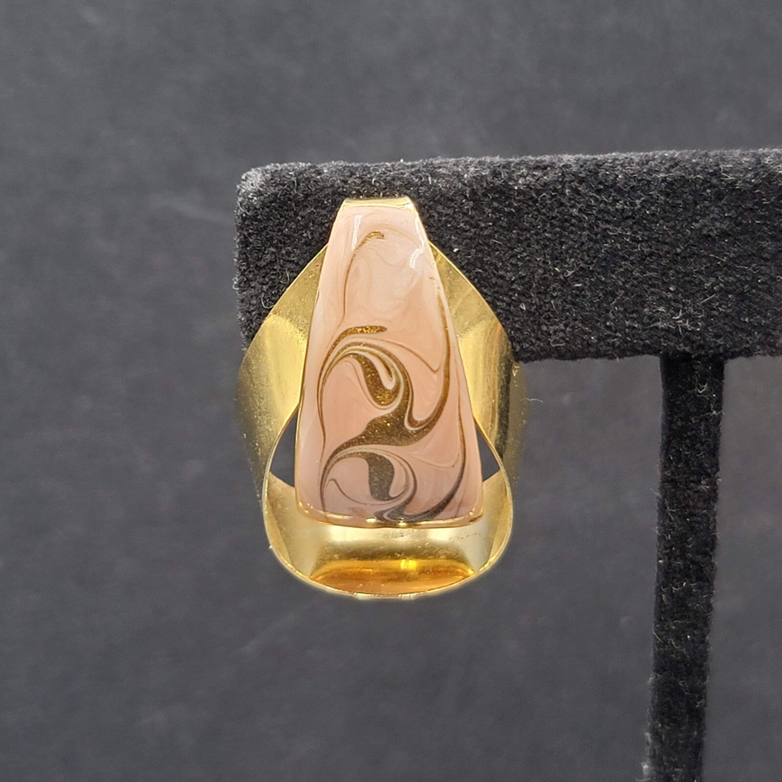 Vintage Pierced Earrings Gold tone Swirl Pink Statement Enamel Drop 1 1/8"