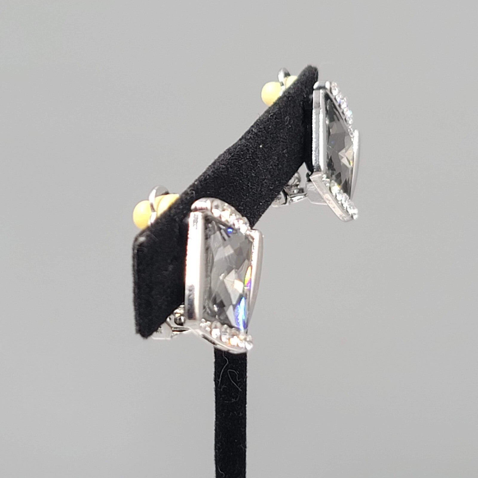 Smokey Gray Square Rhinestone Clip on Earrings Silver tone Stud 7/8"