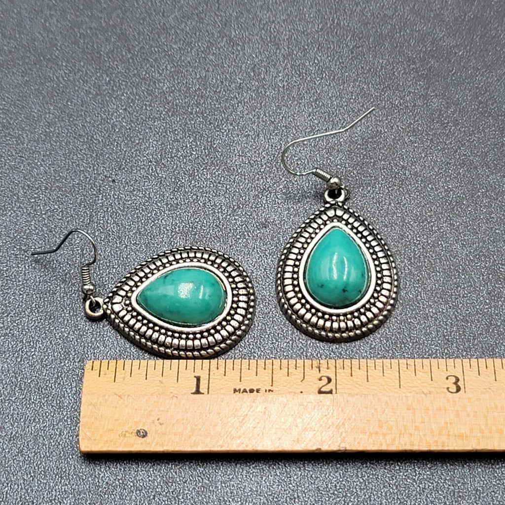 Pierced Earrings Silver tone Faux Resin Turquoise Blue Teardrop Dangle 1 3/8"