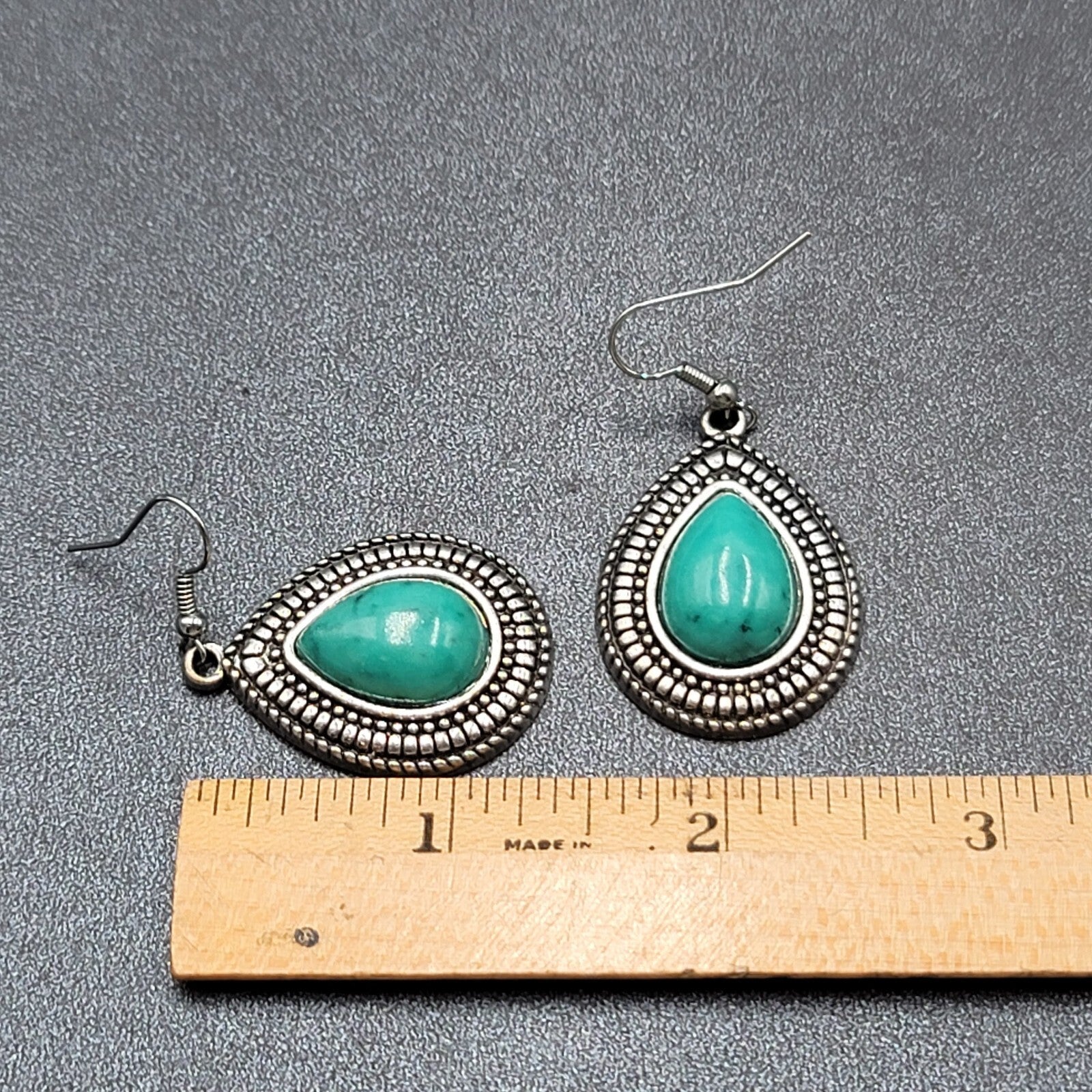 Pierced Earrings Silver tone Faux Resin Turquoise Blue Teardrop Dangle 1 3/8"