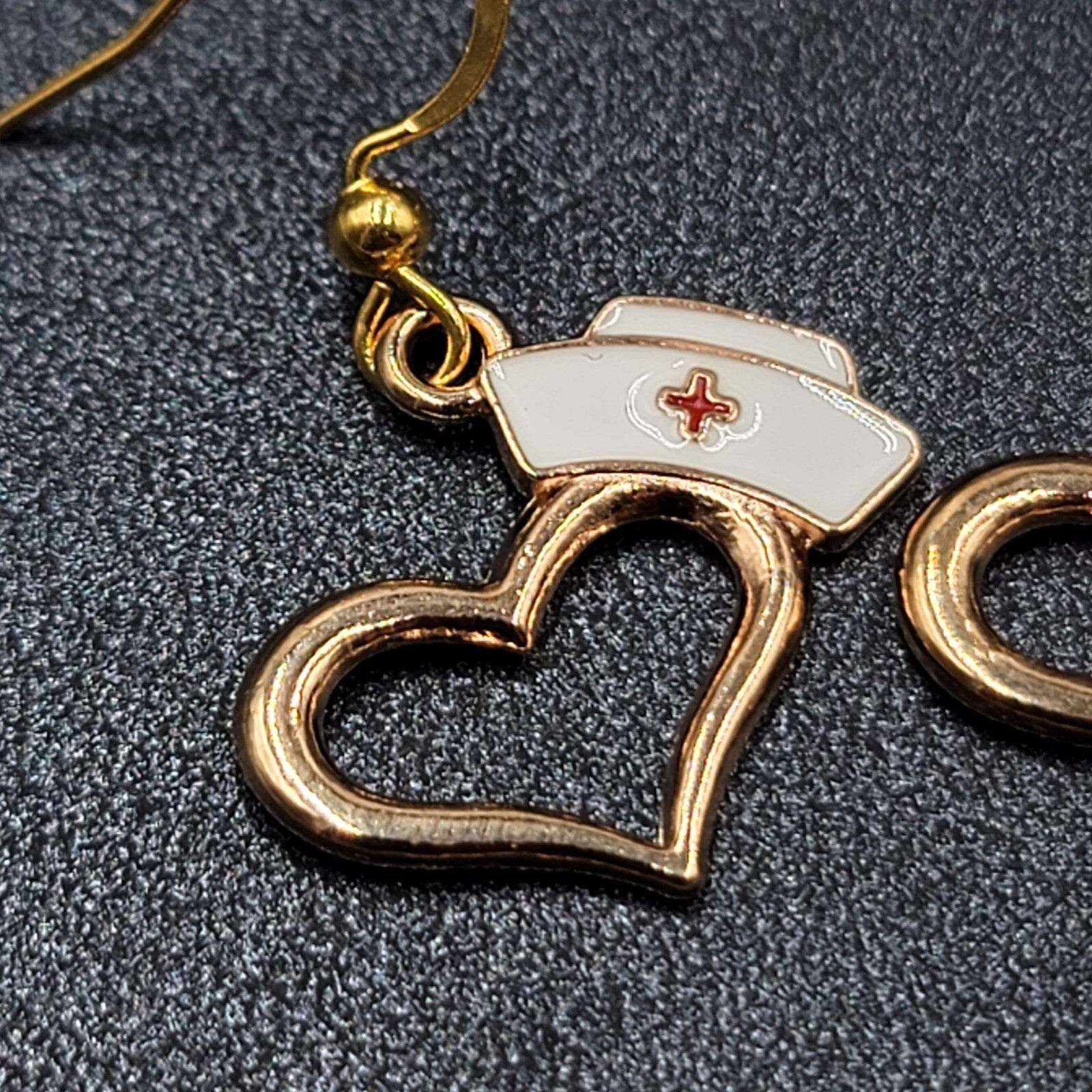 Nurse Heart Pierced Earrings Red White Enamel Gold tone Dangle 3/4"