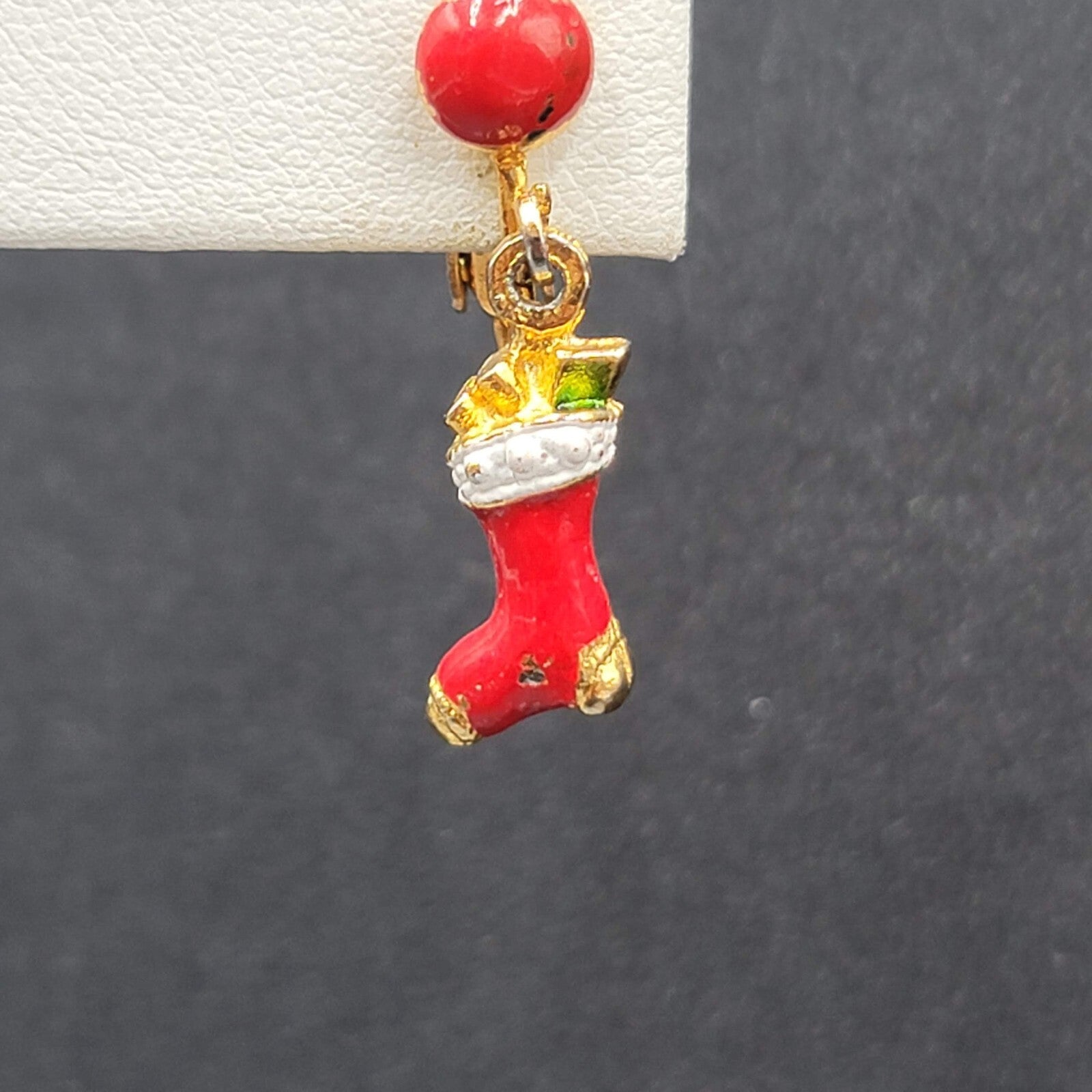 Vintage Christmas Clip on Earrings Gold tone Enamel Stocking Dangle 1"