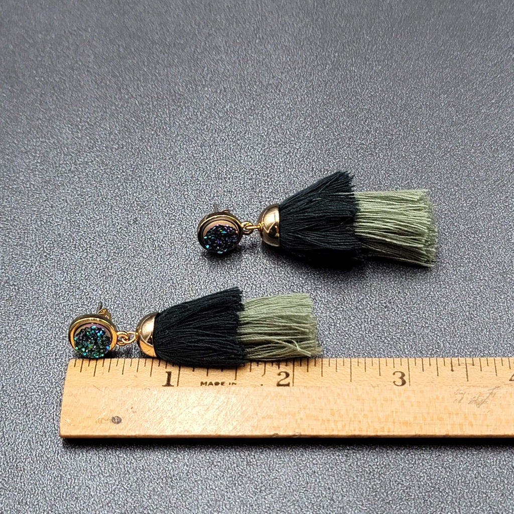 Pierced Earrings Gold tone Green Tassel Faux Druzy Dangle 2.25"