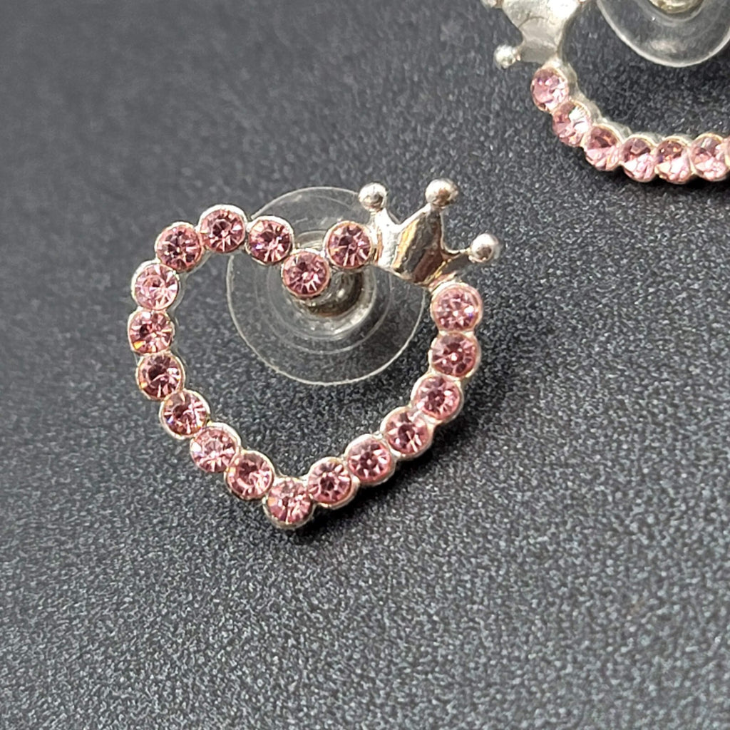 Heart Pierced Earrings Silver tone Crown Pink Crystal Studs 3/4"