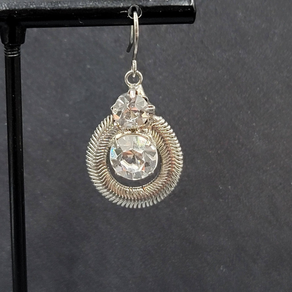Pierced Earrings Silver tone Snake Chain Rhinestone Dangle 1"