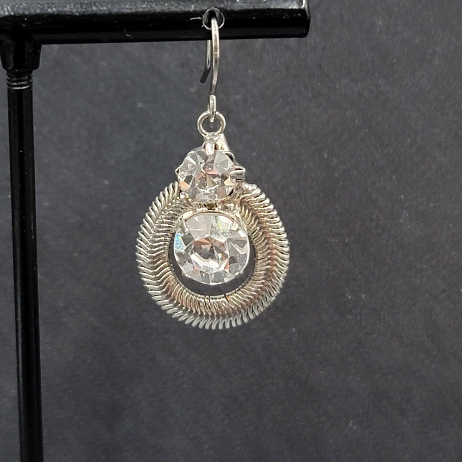 Pierced Earrings Silver tone Snake Chain Rhinestone Dangle 1"
