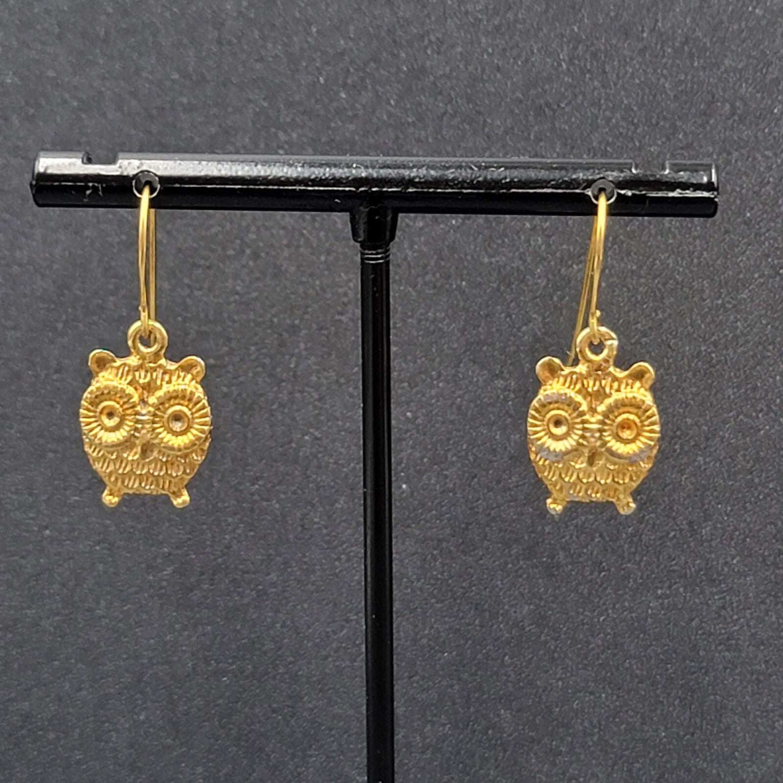 Pierced Earrings Gold tone Embossed Owl Dangle 5/8"