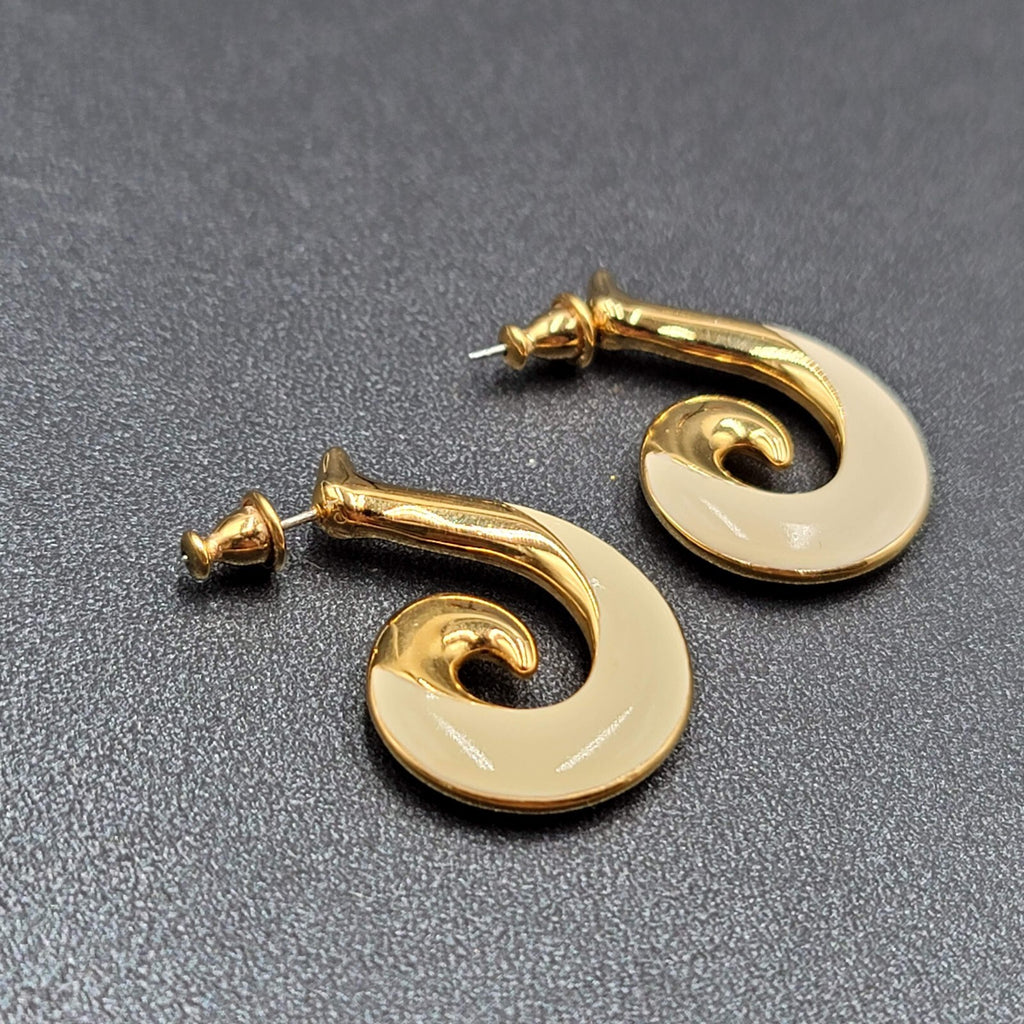 Vintage MONET Pierced Earrings Gold Plated White Enamel Swirl Drop  1.25"
