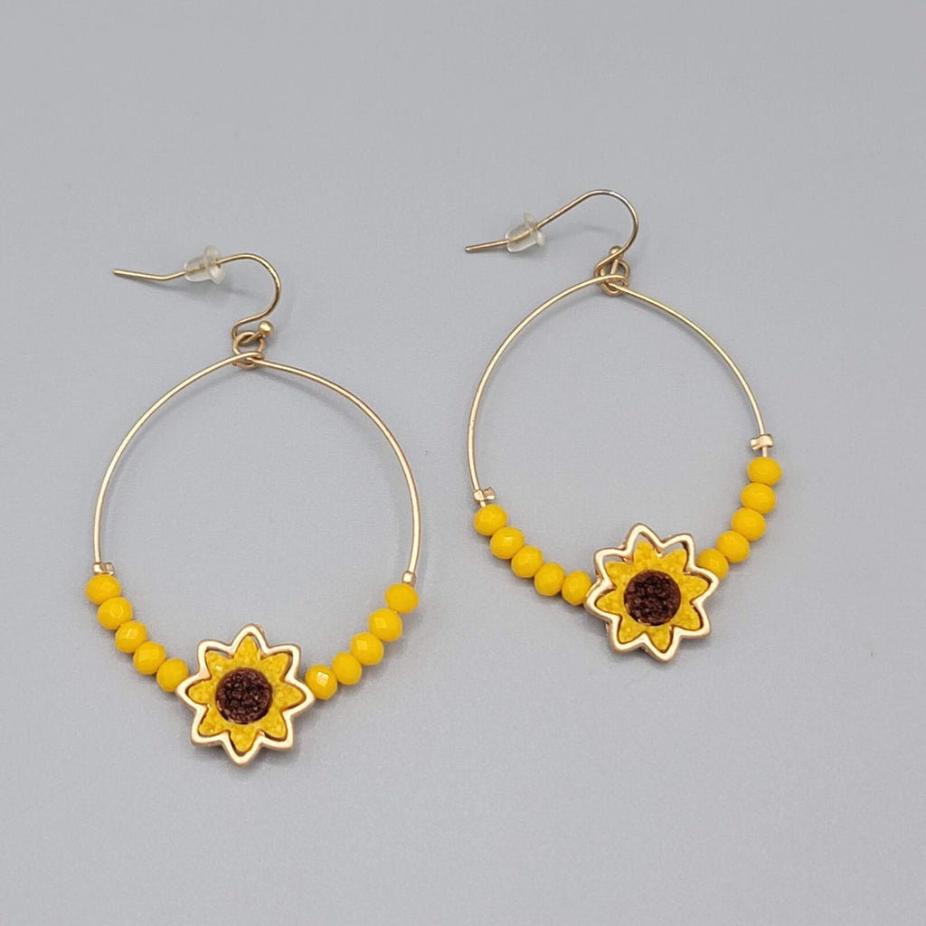 Sunflower Pierced Earrings Gold tone Yellow Bead Dangle hoops 2"