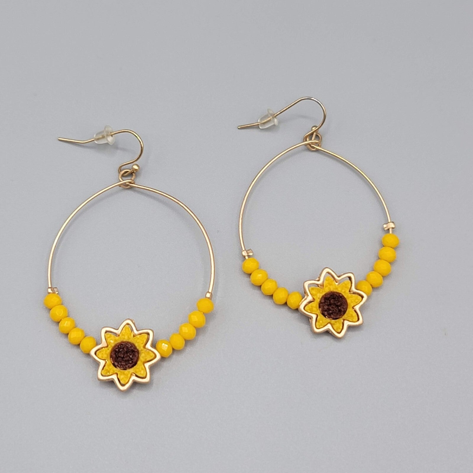 Sunflower Pierced Earrings Gold tone Yellow Bead Dangle hoops 2"