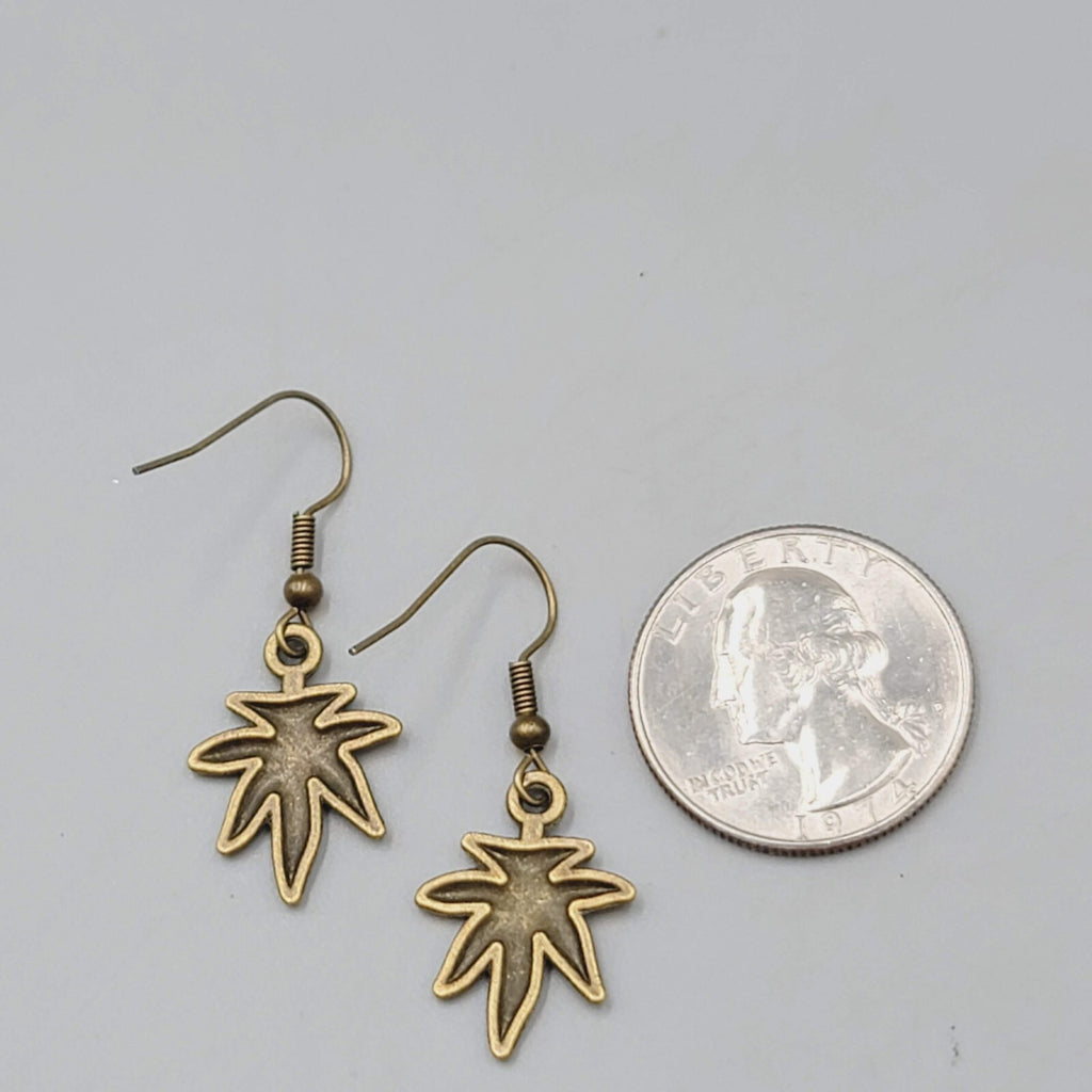 Marijuana Leaf Weed 420 Pierced Earrings Bronze tone Dangle 3/4"