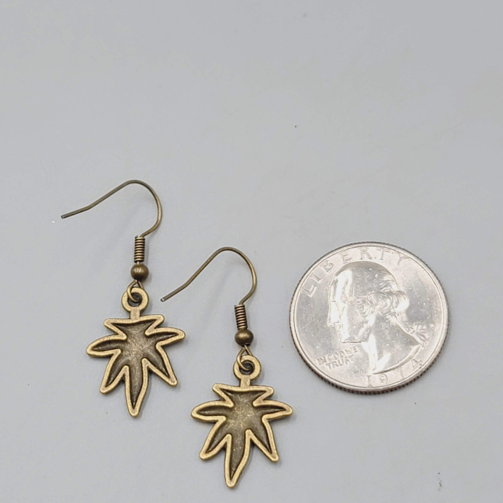 Marijuana Leaf Weed 420 Pierced Earrings Bronze tone Dangle 3/4"