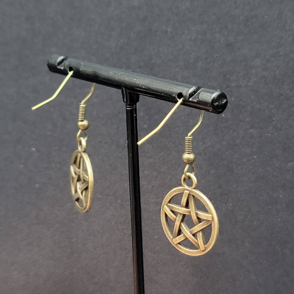 Pierced Earrings Bronze tone Round Pentacle Pentagram Dangle 3/4"