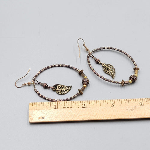 Boho Beaded Hoops Pierced Earrings Copper toen Leaf Dangle 2"
