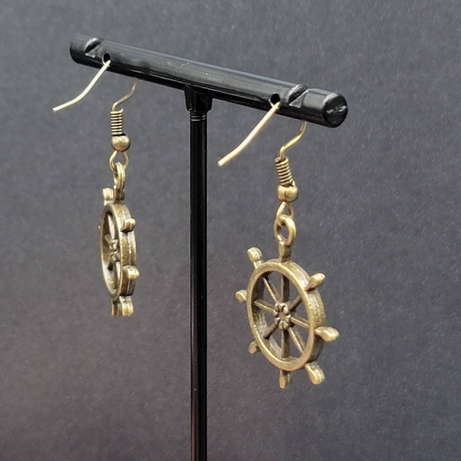 New Helm Pierced Earrings Bronze tone Ships Wheel Nautical Dangle 1"