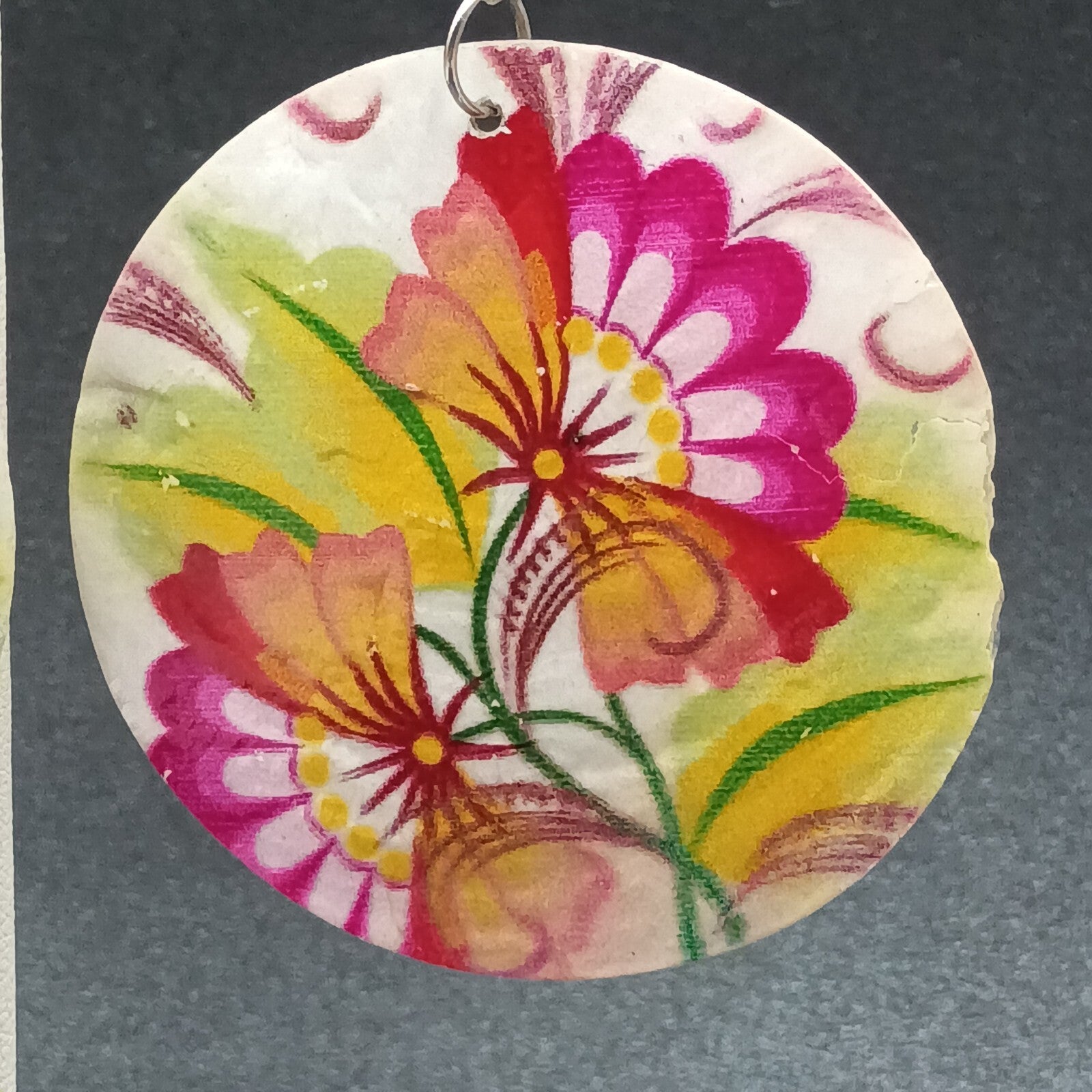 Pierced Earrings Painted Shell Round Multicolor Flower Silver tone Dangle 2"