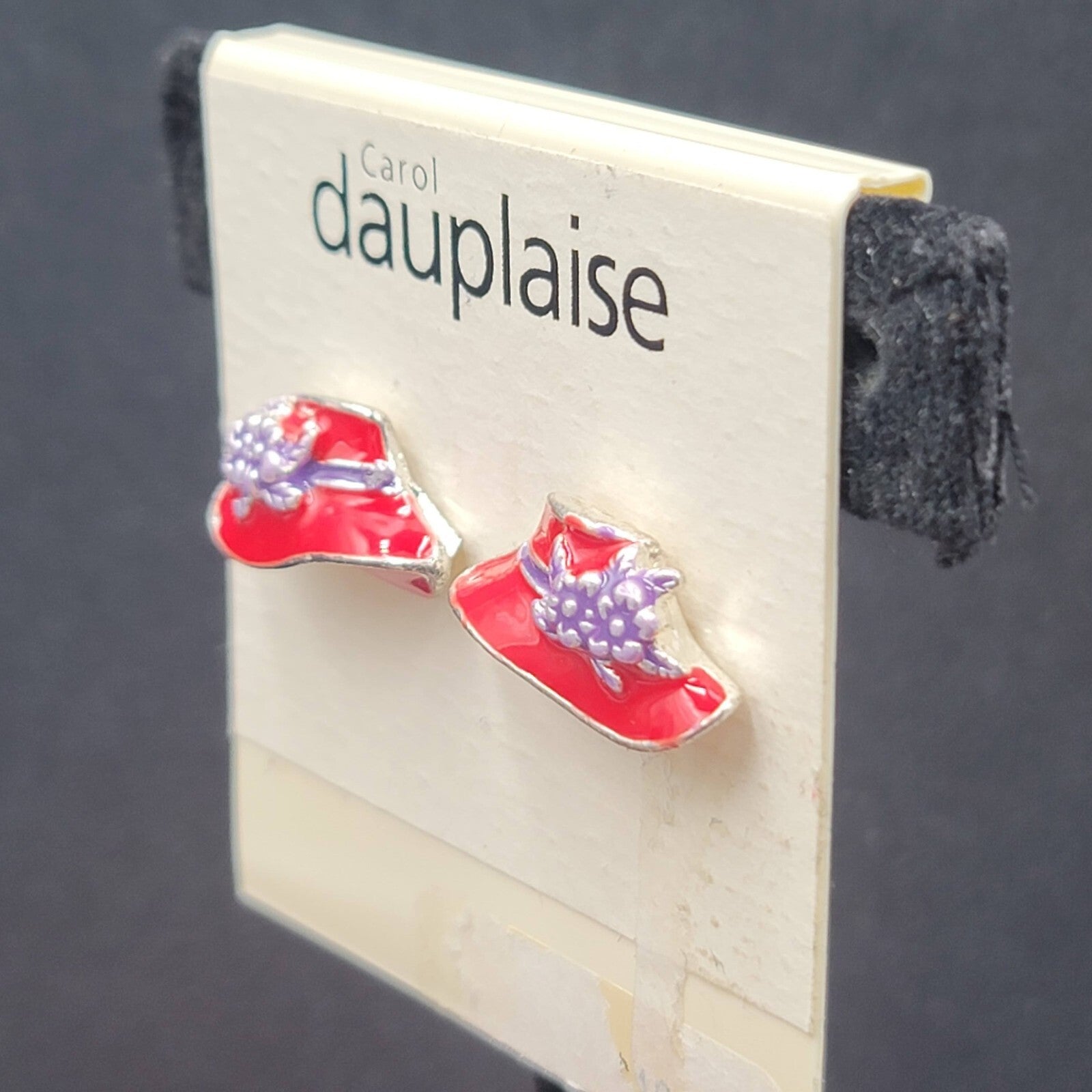 Carol Dauplaise Pierced Earrings Red Hat Society Enamel Studs 3/4"