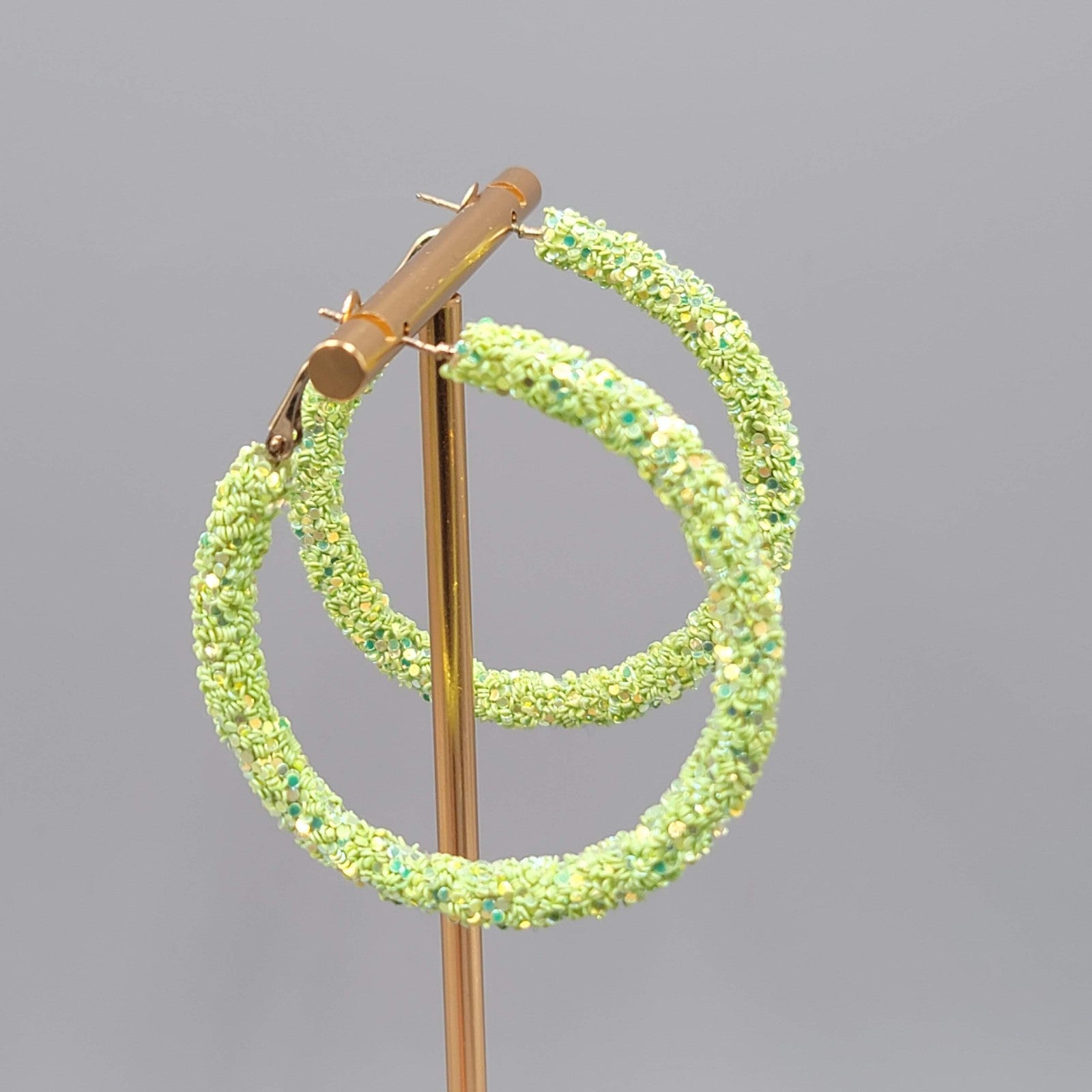Neon Green Confetti Hoops Pierced Earrings Gold tone Large 