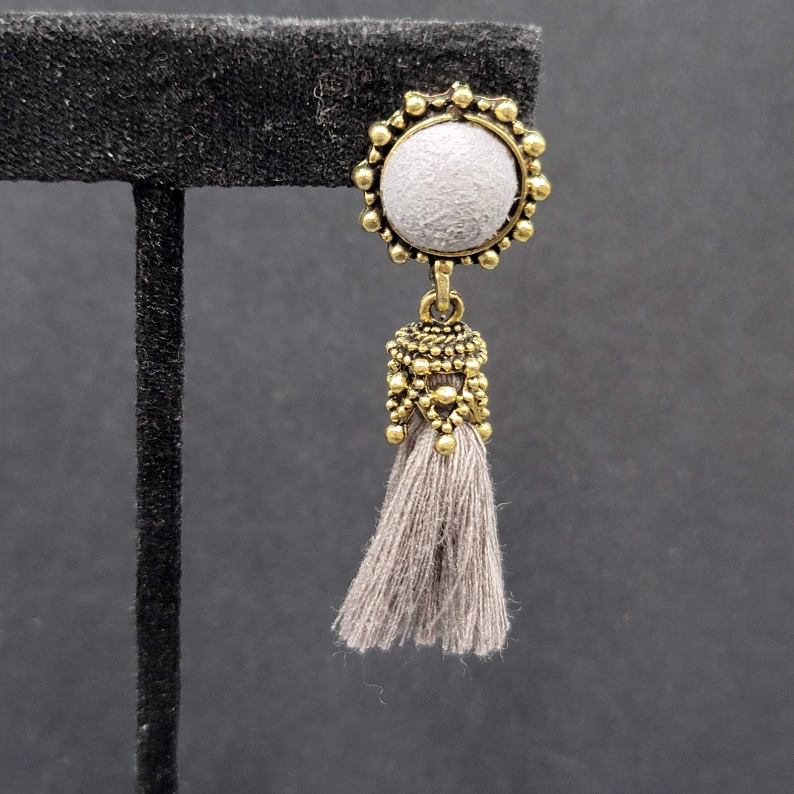 Boho Pierced Earrings Antiqued Gold tone Gray String Tassel 2"