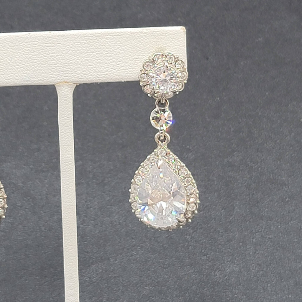 Pierced Earrings Silver tone Large Rhinestone Signed Wedding Prom Well Made 2"