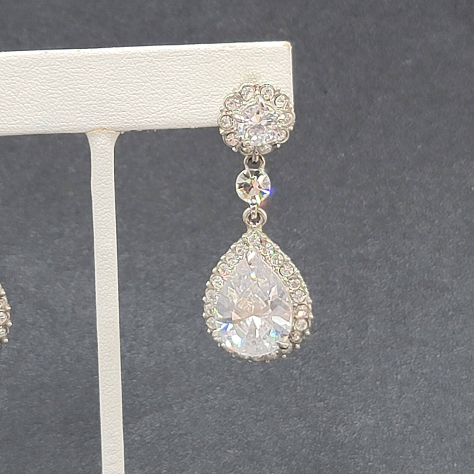 Pierced Earrings Silver tone Large Rhinestone Signed Wedding Prom Well Made 2"