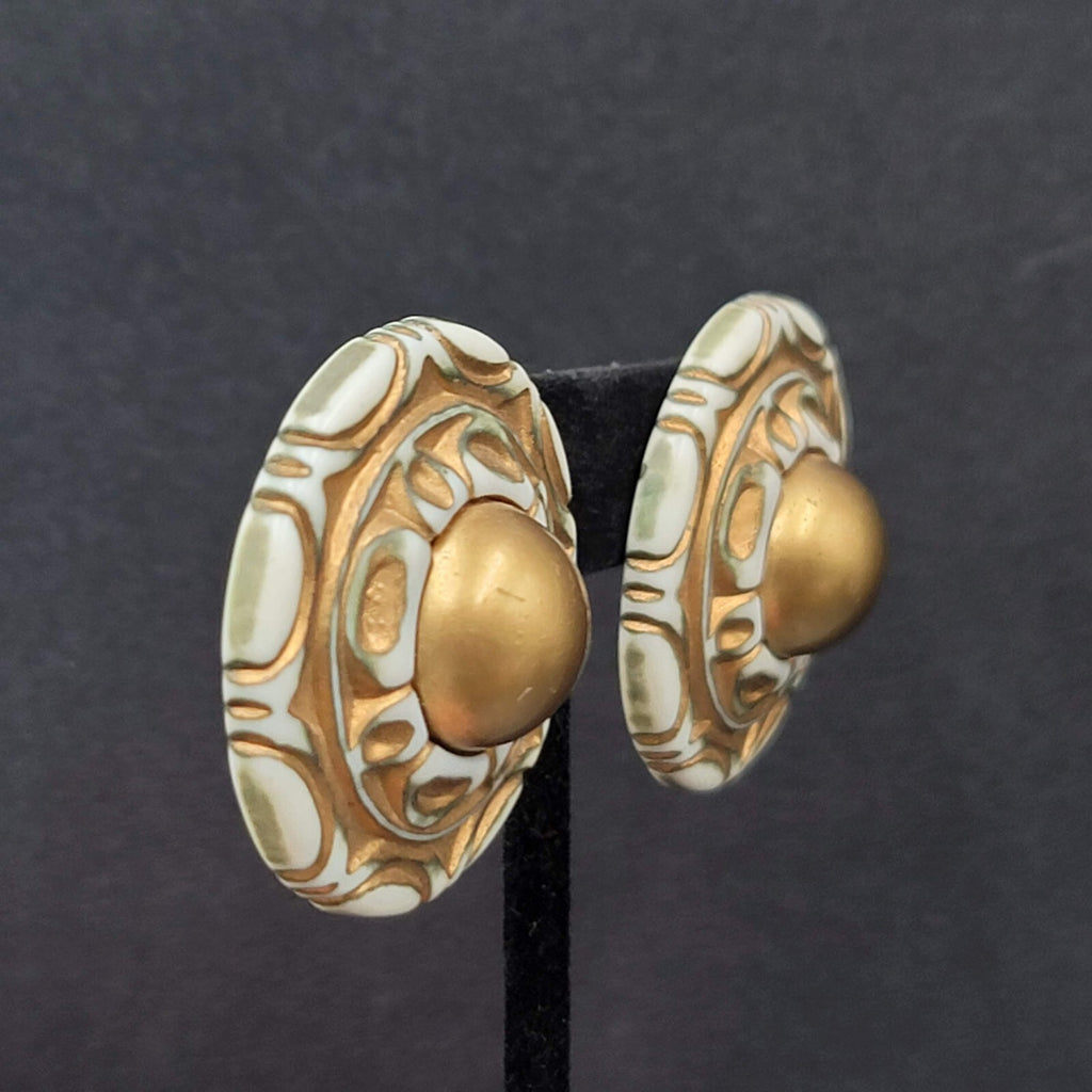 Vintage Pierced Earrings Large Statement Engraved Green Gold White Acrylic  1.5"